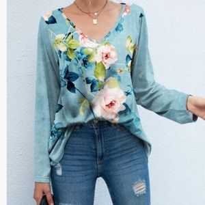 Sakurafiua Blue & Peach Floral Long Sleeve Top Size XL